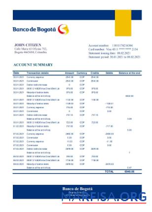 Printable Colombia Banco de Bogotá bank statement excel template